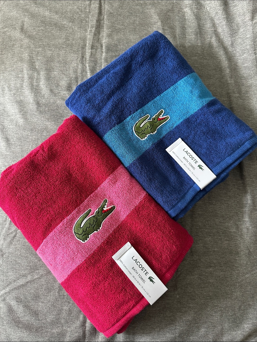 Lacoste Colorblock Towels in Blue and Pink